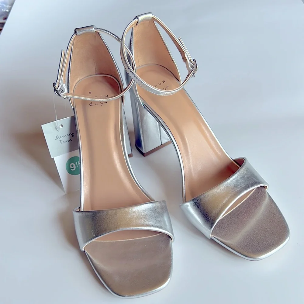 A New Day Shelly Metallic Silver Ankle Strap Heels